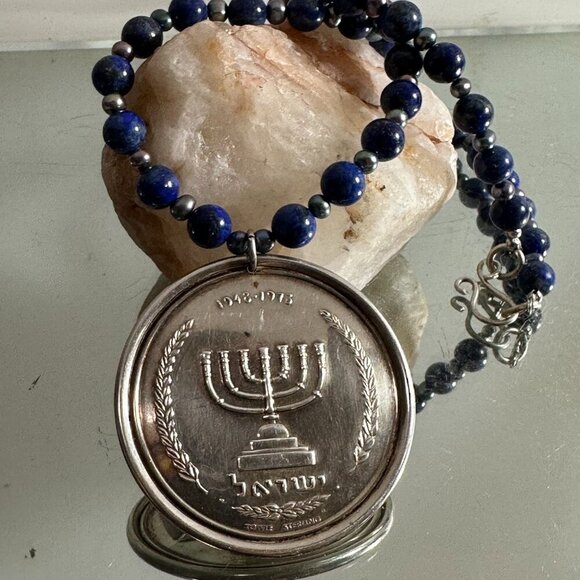 Star of David Menorah Sterling Silver Lapis Lazuli Necklace 925 Tahitian Pearls - Picture 5 of 8